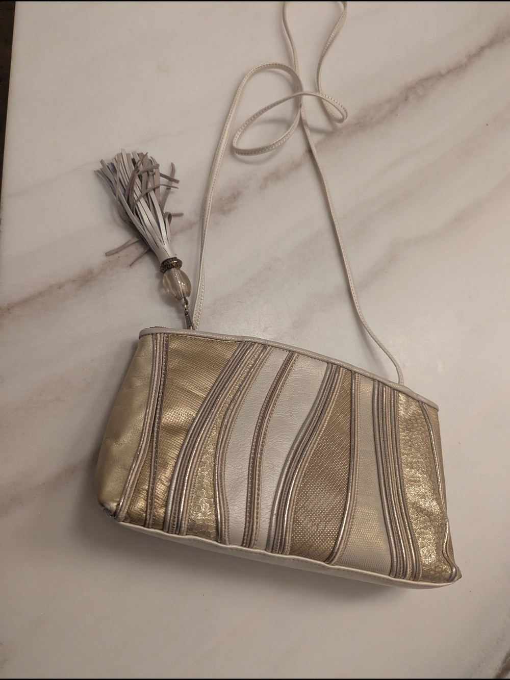 Shariff Metallic Gold and Cream Crossbody Bag Purse Clutch with Tassel